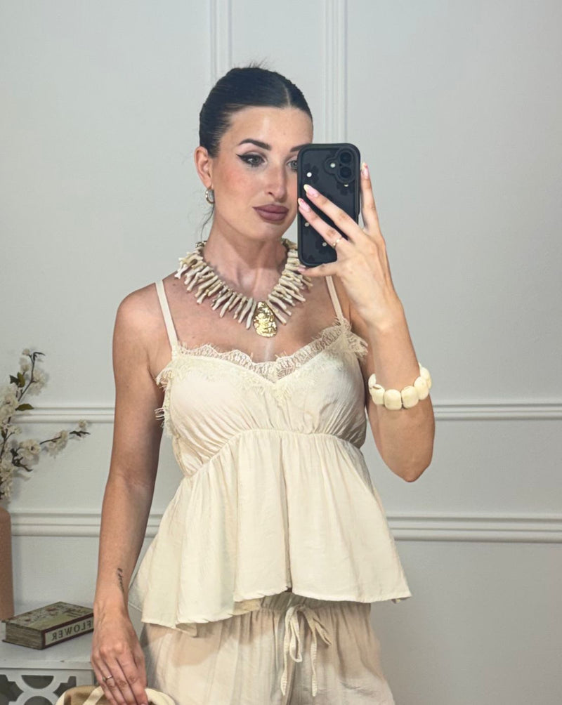 Top Encaje Camisero Beige
