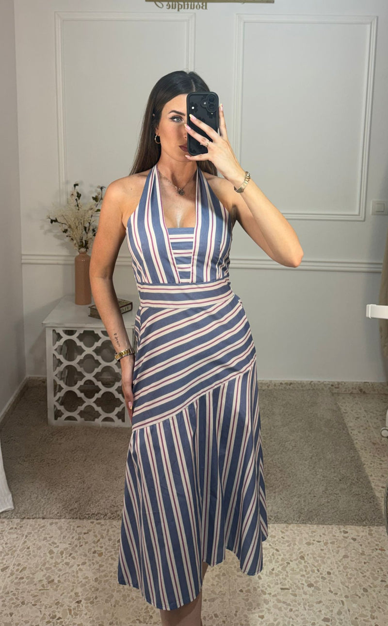 Vestido Rayas Cuello Celeste/Rosa