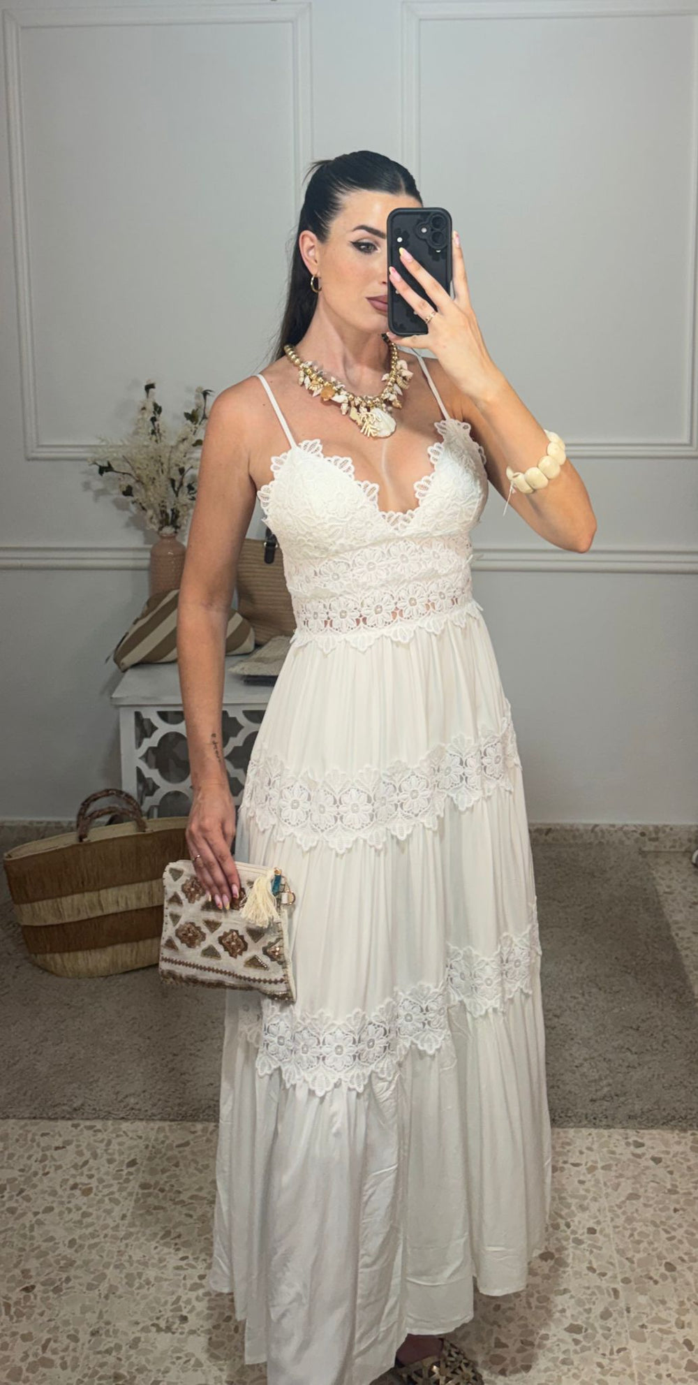 Vestido Perforado Blanco Largo