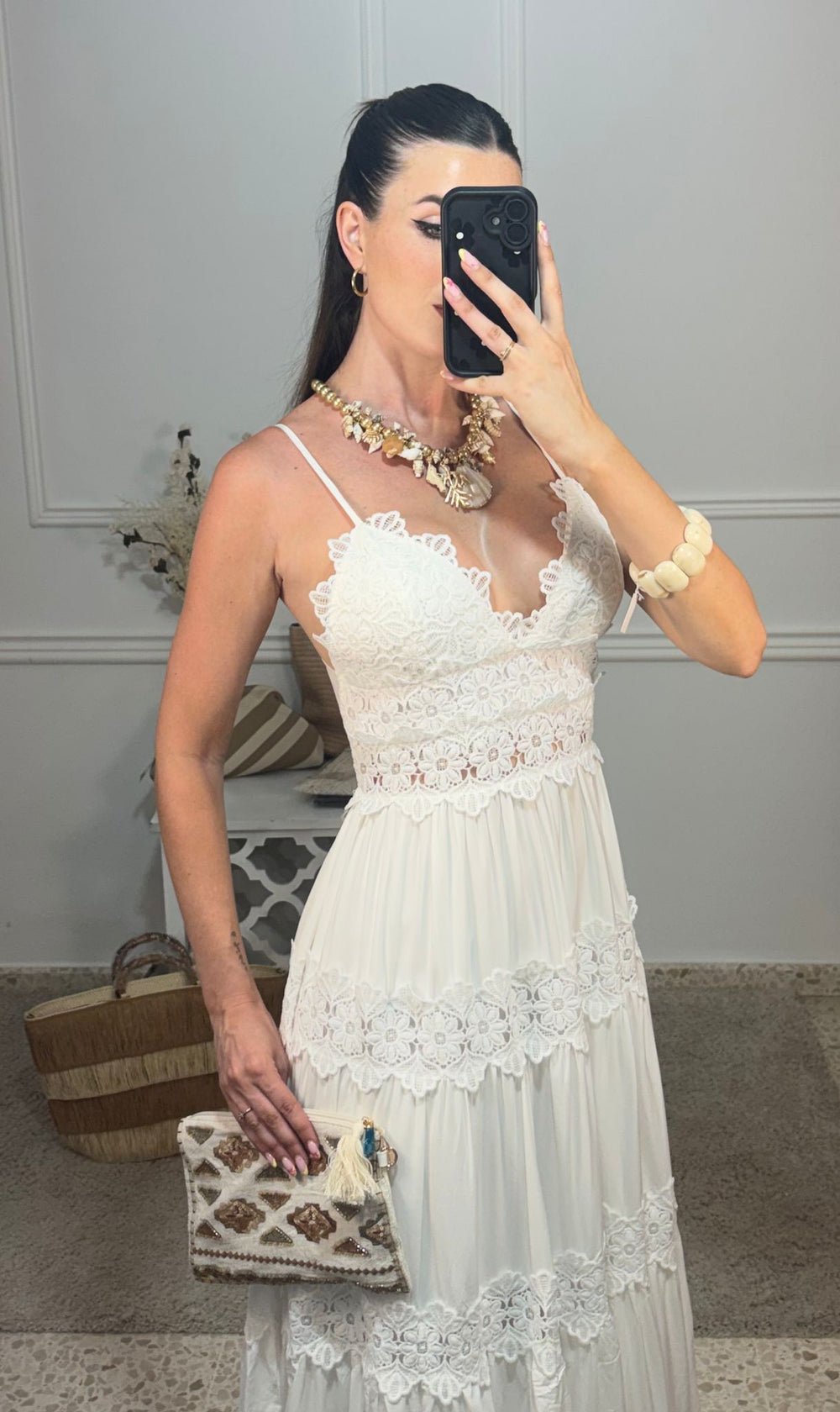Vestido Perforado Blanco Largo