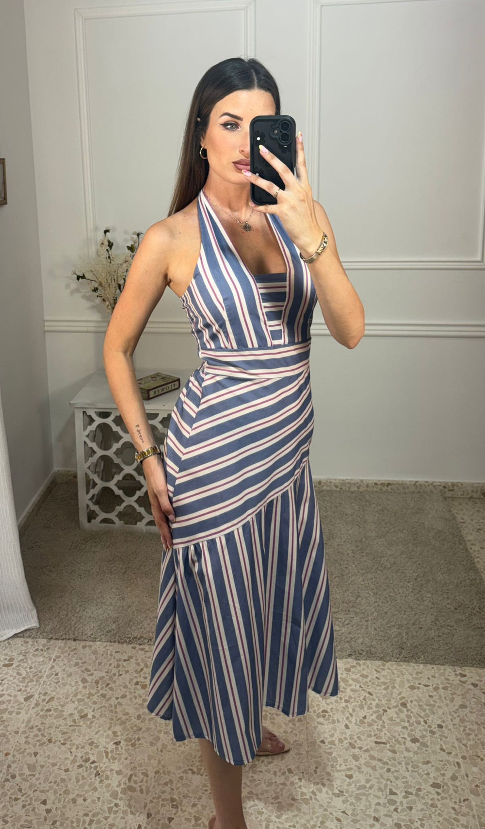 Vestido Rayas Cuello Celeste/Rosa
