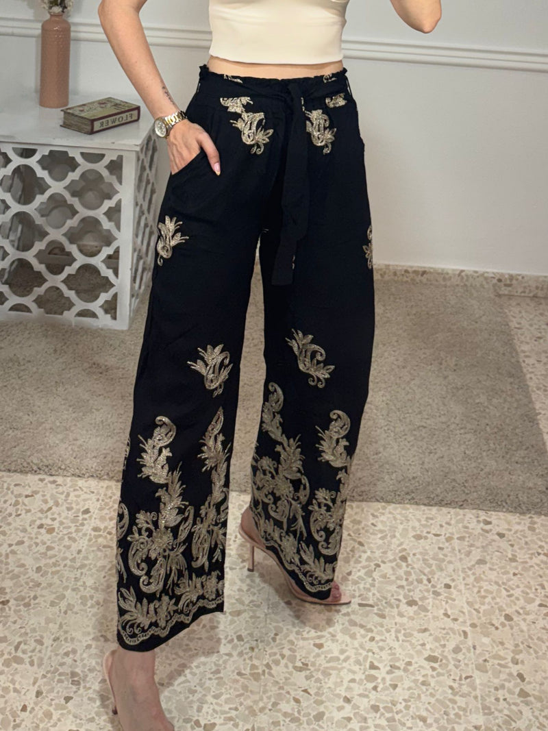 Pantalón Lino Negro Hilo Dorado